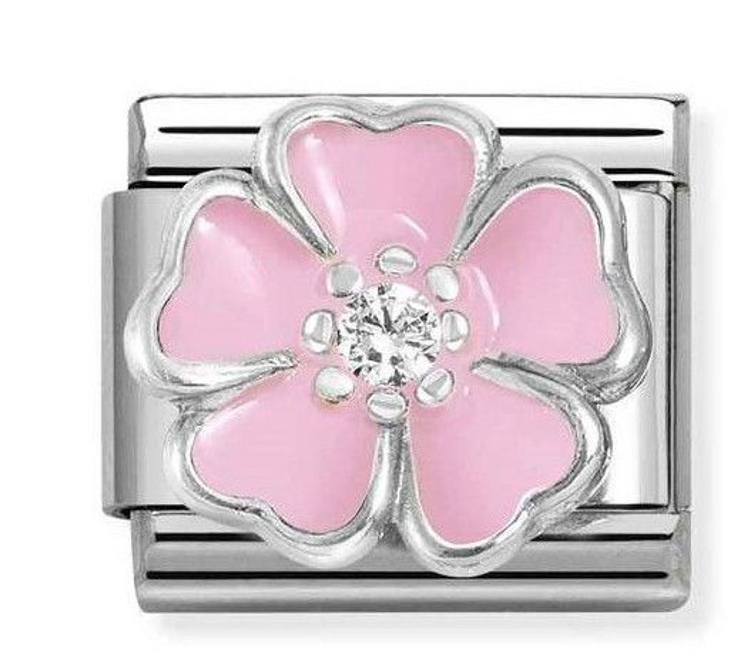 Charms NOMINATION kwiat z różową emalią i białą cyrkonią 330321 14  to element do bransoletki komponowanej Nomination Italy, wykonany z najwyższej jakości stali szlachetnej oraz srebra pr. 925, zdobiony różowym kwiatem i m (3).jpg